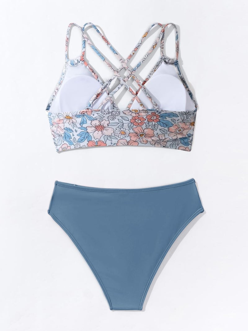 Fanuerg Women's Sexy V Neck Bikini Sets Hollow Out Two Piece Swimsuits Cutout Mid Waist Bathing Suit Floral Grey Blue M - Image 5