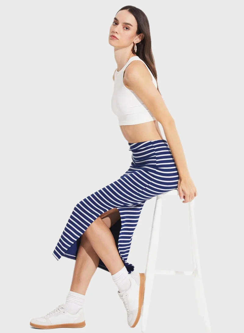 JUNE Striped Side Slit Skirt