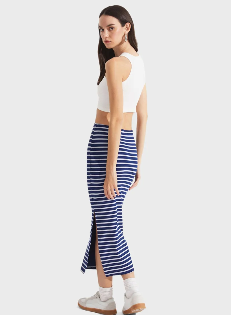 JUNE Striped Side Slit Skirt