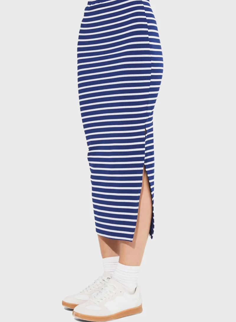 JUNE Striped Side Slit Skirt
