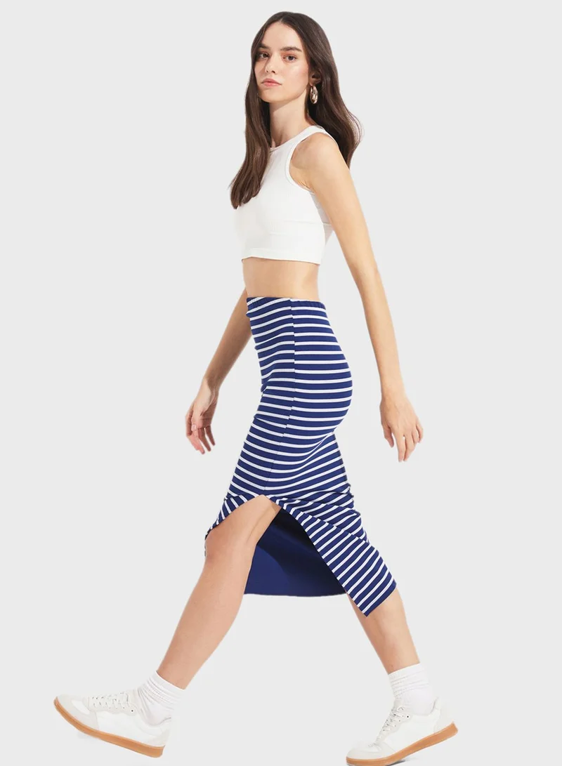 JUNE Striped Side Slit Skirt