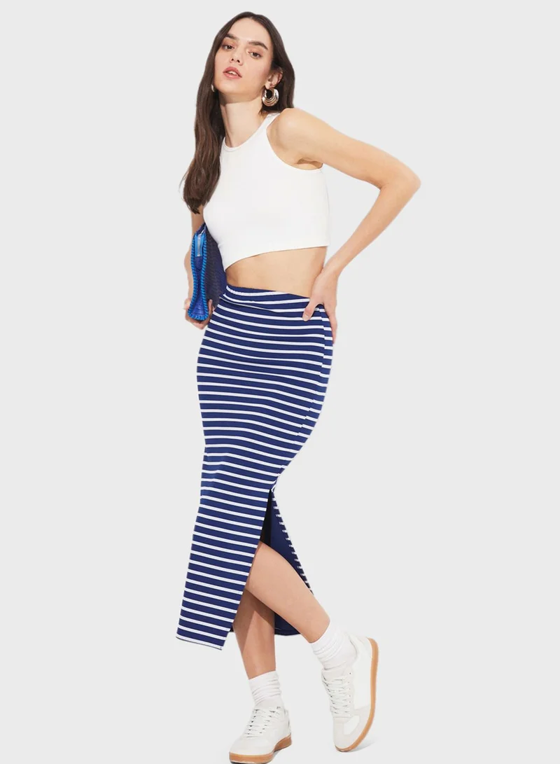 JUNE Striped Side Slit Skirt