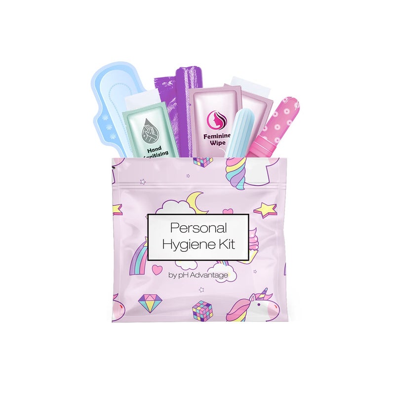 pH Advantage Menstrual Kit AllinOne Convenience on The Go Single Period Kit Pack for Travelling Tweens Teenagers Individually Wrapped Feminine Hygiene Products Rainbows and Unicorns