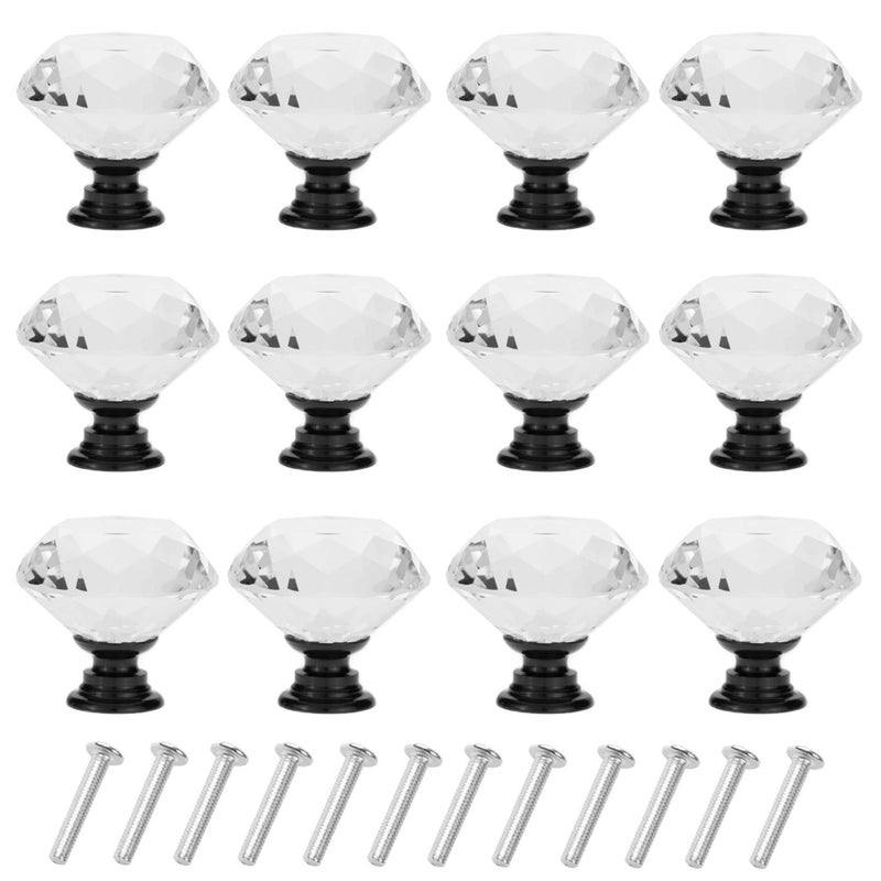 YourGift 12 Pack Drawer Knobs Diamond Shaped Crystal Glass 30mm Cabinet Knobs Pull Handles (Black) - Image 1