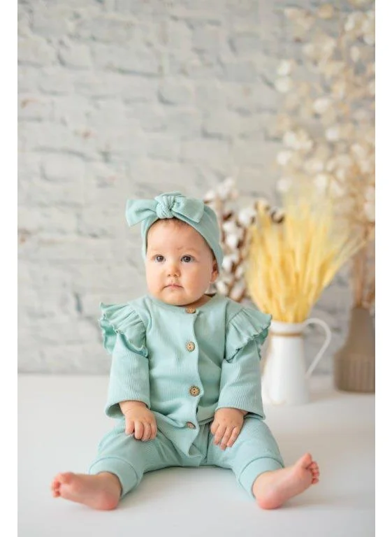 Mininio Gots Certified 100% Organic Cotton Ruffle Sleeves Overalls and Bandana Set (0-24 MONTHS)