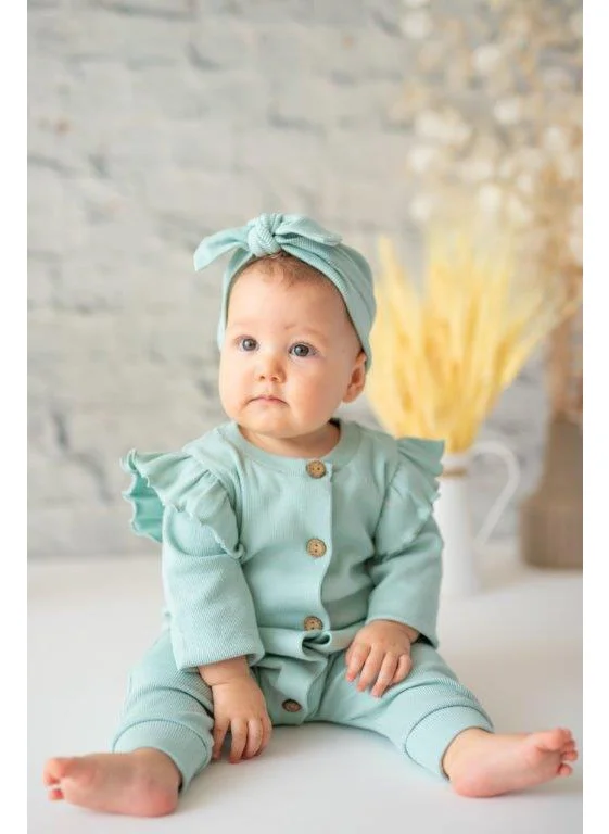 Mininio Gots Certified 100% Organic Cotton Ruffle Sleeves Overalls and Bandana Set (0-24 MONTHS)
