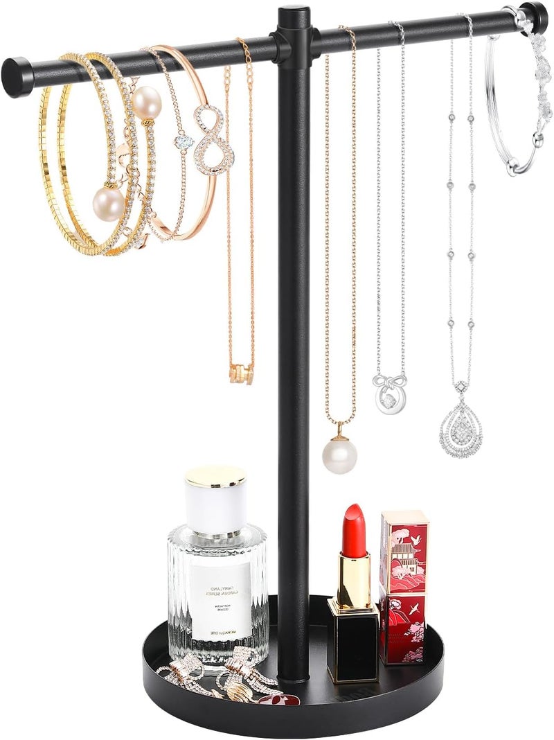 bodkar Jewelry Necklace Organizer Stand,12.9" Tall Sturdy Metal Jewelry Stand with Round Tray for Bracelet Bangles Holder Display,Long Necklace Organizer Holder (black) - Image 1