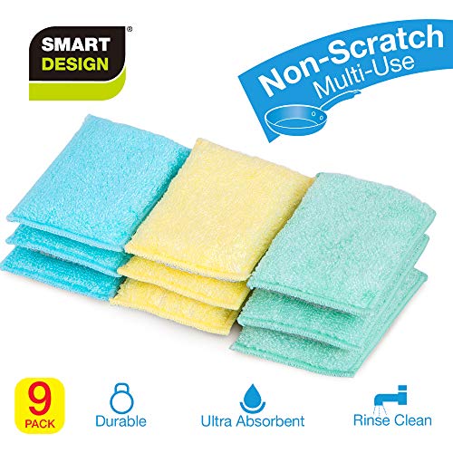 Smart Design Non Scratch Scrub Sponge with Bamboo Odorless Rayon Fiber - Set of 9 - Ultra Absorbent - Soft and Scrubber Side - Cleaning, Dishes, and Hard Stains - Spring - Yellow, Mint, Blue - Image 2