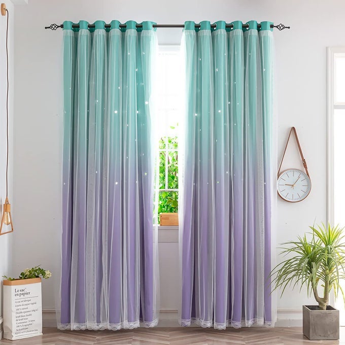 KIDS CURTAINS FOR GIRLS BEDROOM PRINCESS CURTAINS FOR DAUGHTER ROOM 63 INCHES LONG STAR CURTAINS WITH TIEBACK 3 BOWTIESPURPLE TEALW34L631 PANEL