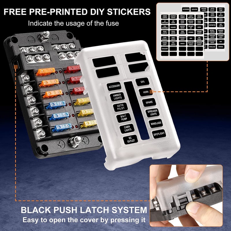 SYOSI 12 Way Blade Fuse Block, 12V Automotive Fuse Box Holder, Waterproof Cover with Negative Bus Fuse Panel LED Indicator for Automotive Car Truck Boat Marine RV Van - Image 3