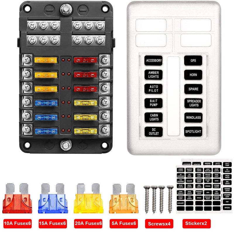 SYOSI 12 Way Blade Fuse Block, 12V Automotive Fuse Box Holder, Waterproof Cover with Negative Bus Fuse Panel LED Indicator for Automotive Car Truck Boat Marine RV Van - Image 1