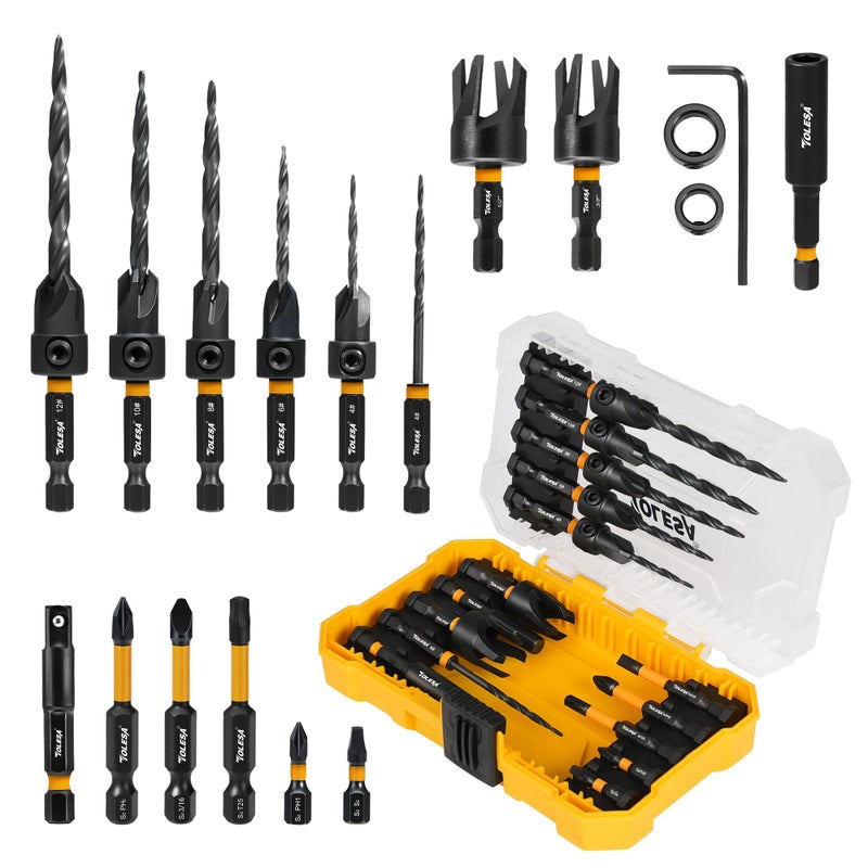 TOLESA Countersink Drill Bit Set 18 PCS Tapered Counter Sink Drill Bit for Wood with 2PC Wood Plug Cutters Magnetic Extension Bit Holder Screwdriver Bits 14 Hex Shank with Storage Box - Image 2