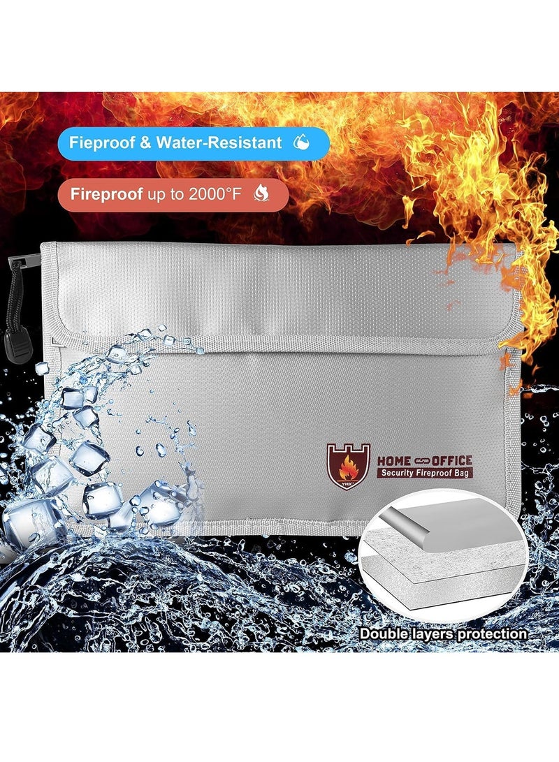 Rubik Fireproof Document Bag with Zipper and Velcro flap Closure 27x17.5cm, Fire Safe Storage Pouch for Passport Cash Jewelry and Valuables - Silver - Image 2