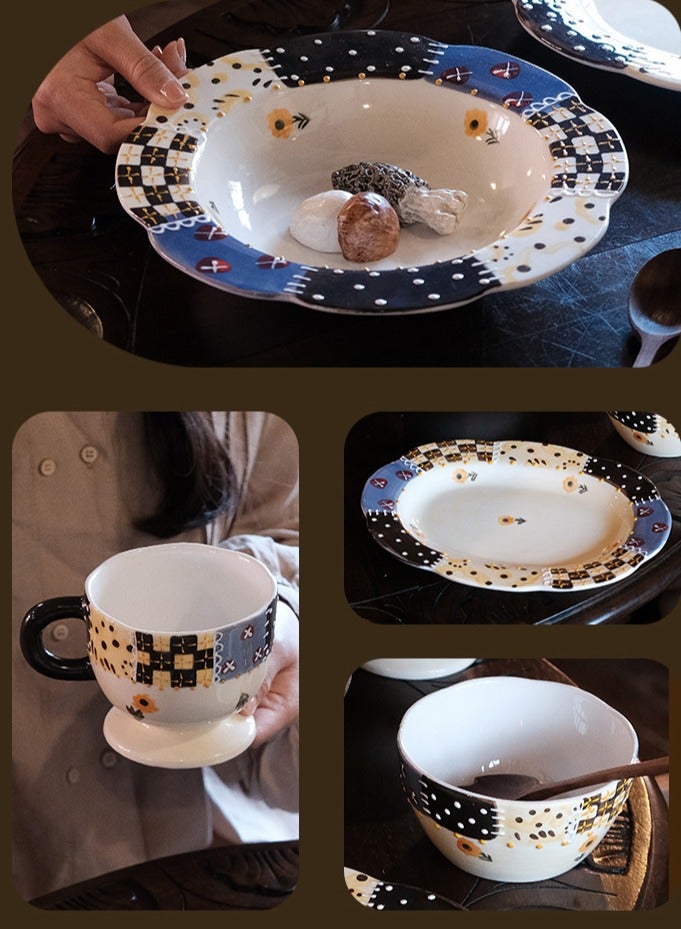 4-piece set - Hand-painted ceramic tableware set - Mugs, coffee cups, multi-colored bowls and plates set - Image 2