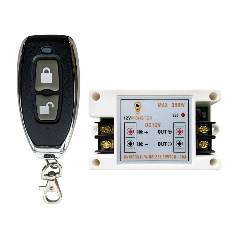 DC 12V LED Heavy Duty 30A Latching Function Single Channel Remote Control Wireless On Off Switch Controller Set - Remote Wireless Receiver Handles Up to 350W on Low Voltage DC 12 Volt Sleek Black FOB