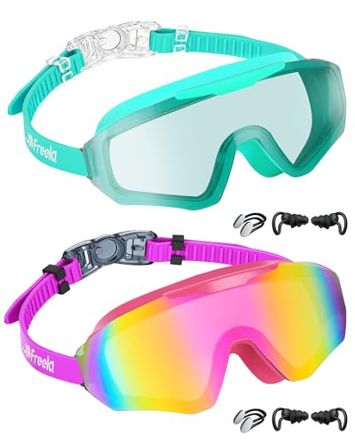 Freela 2 Pack Kids Swim Goggles for 6-14 8-12 8-14 4-7, Water Pool Swimming Goggles 180° Wide View Anti-Fog UV Protection, Soft Silicone Layer Waterproof No Leak Glasses for Teens Youth Boys Girls - Image 1