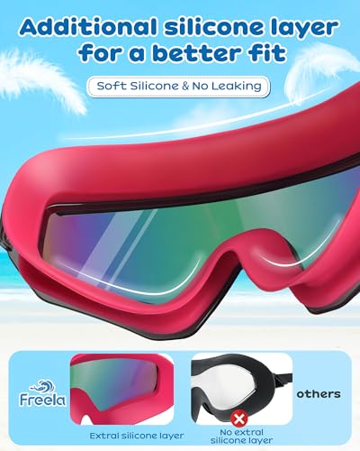 Freela 2 Pack Kids Swim Goggles for 6-14 8-12 8-14 4-7, Water Pool Swimming Goggles 180° Wide View Anti-Fog UV Protection, Soft Silicone Layer Waterproof No Leak Glasses for Teens Youth Boys Girls - Image 3