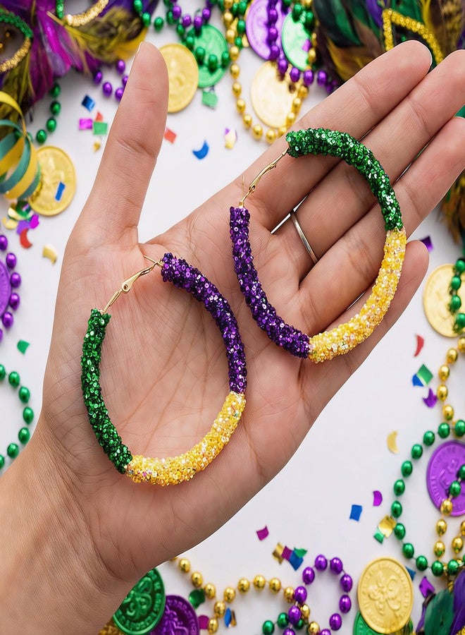 Dfqsofd Mardis Gras Earrings, Shinning Mardis Gras Hoop Earrings Purple Yellow Green Jewelry for Women Girls for Theme Party - Image 5