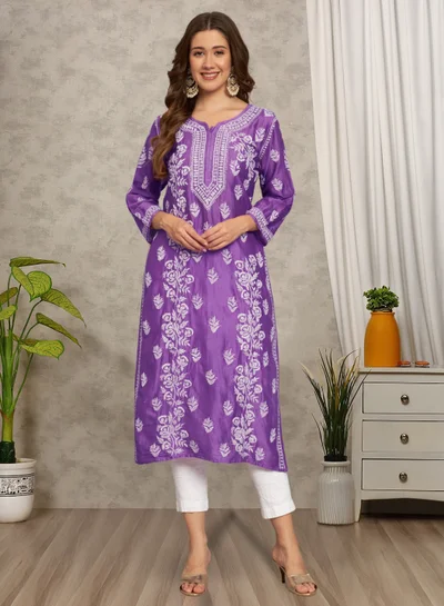 Alaya Women  Floral Embroidered Chikankari Cotton kurta-AL3670