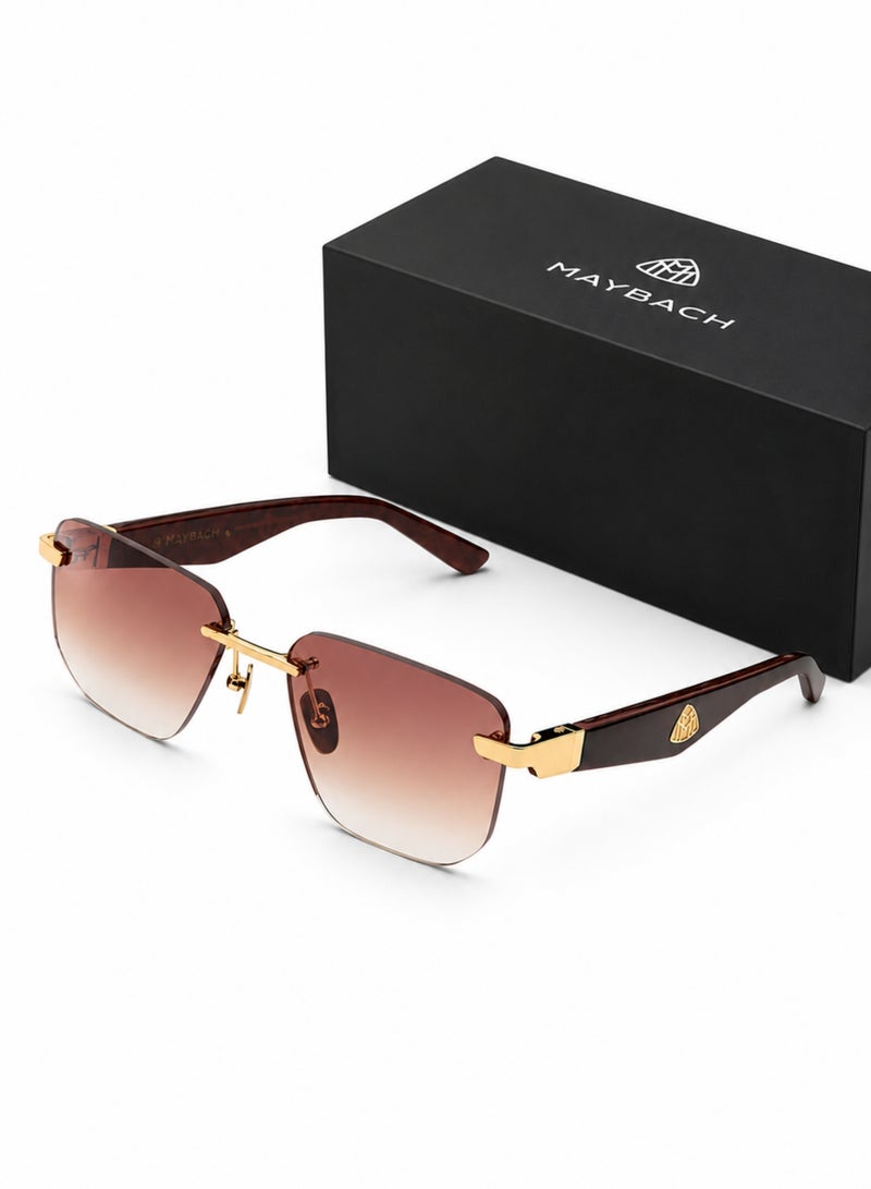 MAYBACH Rimless Sunglasses for Men & Women – Brown Gradient Designer Shades with Wooden Temples, Gold Metal Frame & UV400 Protection - Image 1
