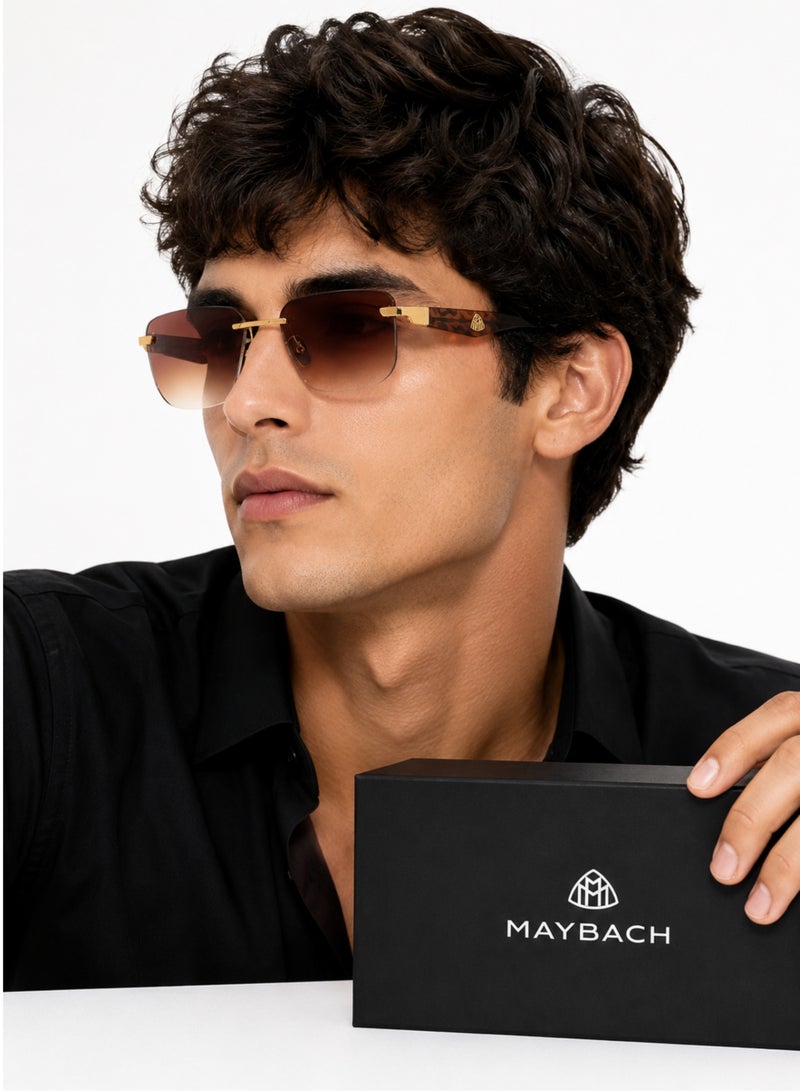 MAYBACH Rimless Sunglasses for Men & Women – Brown Gradient Designer Shades with Wooden Temples, Gold Metal Frame & UV400 Protection - Image 4