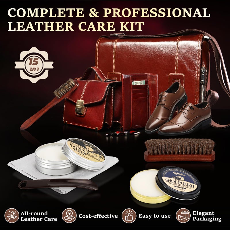 Kakalsa Shoe Shine Kit, Mens Gifts Ideas - 15PCS Shoe Polish Kit with Saddle Soap, Mink Oil, 3 Shoe Polishes, 3 Shoe Brushes and more, All-inclusive Leather Care Kit for Leather Shoe Boot Cleaning and Care - Image 2
