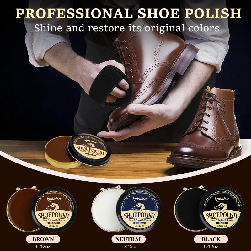 Kakalsa Shoe Shine Kit, Mens Gifts Ideas - 15PCS Shoe Polish Kit with Saddle Soap, Mink Oil, 3 Shoe Polishes, 3 Shoe Brushes and more, All-inclusive Leather Care Kit for Leather Shoe Boot Cleaning and Care - Image 5