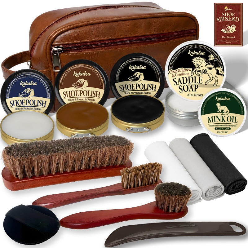 Kakalsa Shoe Shine Kit, Mens Gifts Ideas - 15PCS Shoe Polish Kit with Saddle Soap, Mink Oil, 3 Shoe Polishes, 3 Shoe Brushes and more, All-inclusive Leather Care Kit for Leather Shoe Boot Cleaning and Care - Image 1