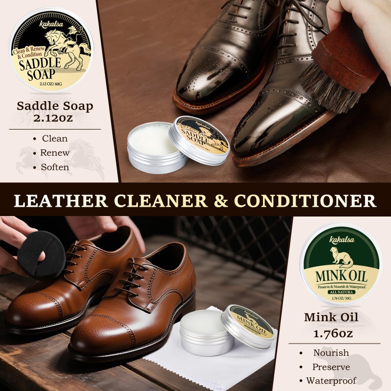 Kakalsa Shoe Shine Kit, Mens Gifts Ideas - 15PCS Shoe Polish Kit with Saddle Soap, Mink Oil, 3 Shoe Polishes, 3 Shoe Brushes and more, All-inclusive Leather Care Kit for Leather Shoe Boot Cleaning and Care - Image 4