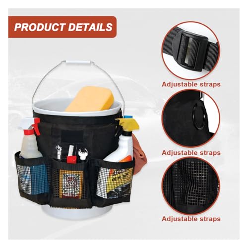 UHANBUT 5 Gallon Bucket Tool Organizer Bag, Multi-Purpose Car Bucket Wash Tool with Mesh Storage Pockets, Universal Vehicle Cleaning Supplies Accessories for Home, Gardening, Fishing - Image 3