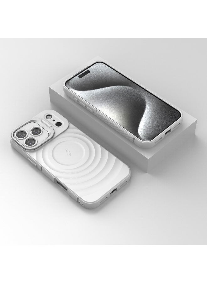 Cover For iPhone 17 Pro Max  Magnetic Phone Corrugated Anti Drop Full Lens Coverage Phone Case with Holder Stand - White - Image 4