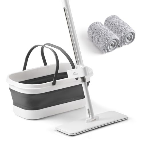 Oshang Flat Mop and Collapsible Bucket OG7 with Wheels, 2 Washable Reusable Microfiber Pads, Pure White - Image 1
