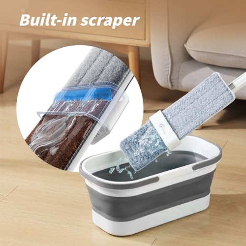 Oshang Flat Mop and Collapsible Bucket OG7 with Wheels, 2 Washable Reusable Microfiber Pads, Pure White - Image 2