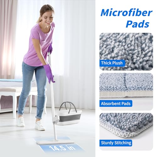 Oshang Flat Mop and Collapsible Bucket OG7 with Wheels, 2 Washable Reusable Microfiber Pads, Pure White - Image 5