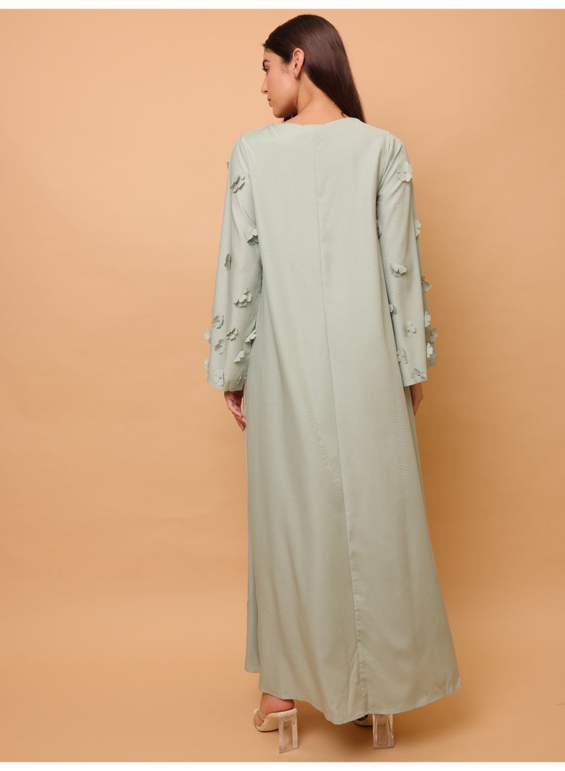 IKKXA Solid 3D Flowers Elegant Jalabiya IK6029 Green - Image 4