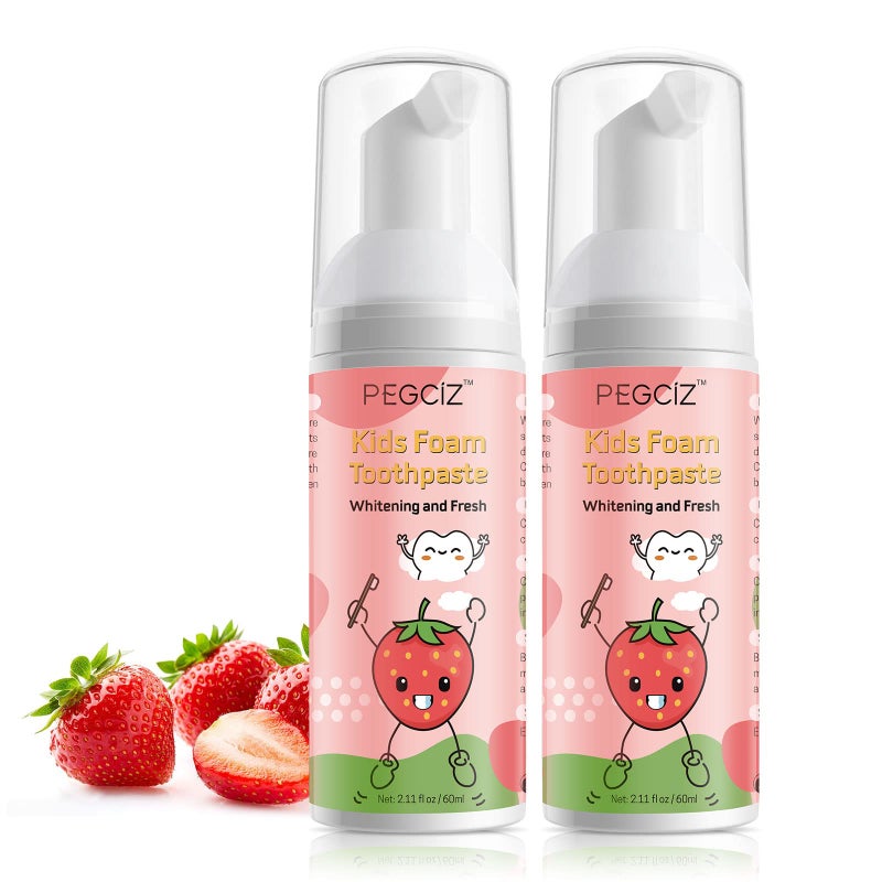 Pegciz Foam Toothpaste Kids 2 Pack,Toddler Toothpaste with Low Fluoride for U Shaped Toothbrush, Foaming Toothpaste and Mouthwash for Dental Care for Children Kids Age for 3 and Up (Strawberry) - Image 1