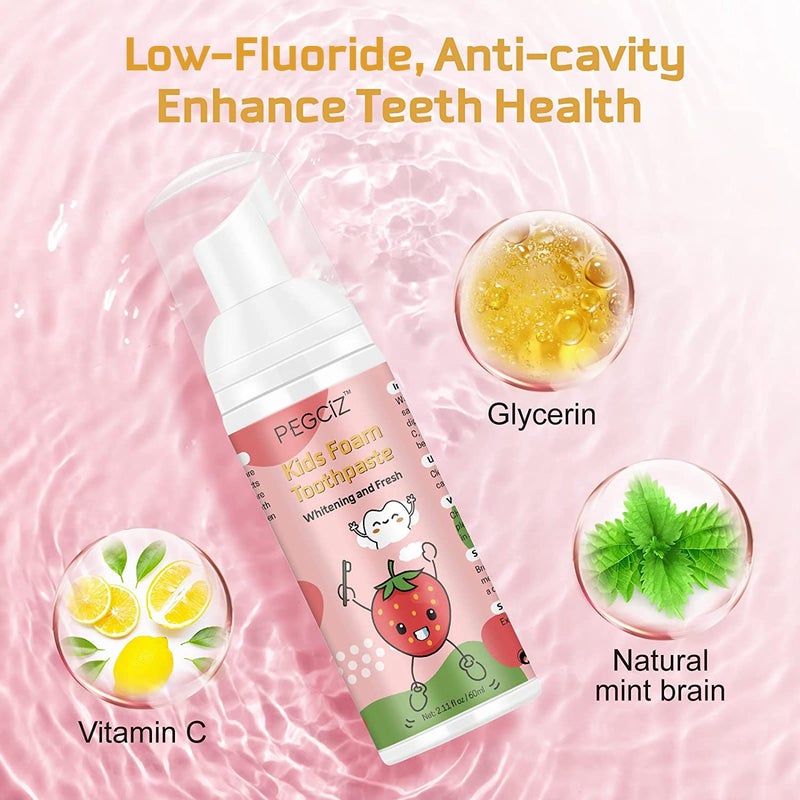 Pegciz Foam Toothpaste Kids 2 Pack,Toddler Toothpaste with Low Fluoride for U Shaped Toothbrush, Foaming Toothpaste and Mouthwash for Dental Care for Children Kids Age for 3 and Up (Strawberry) - Image 2