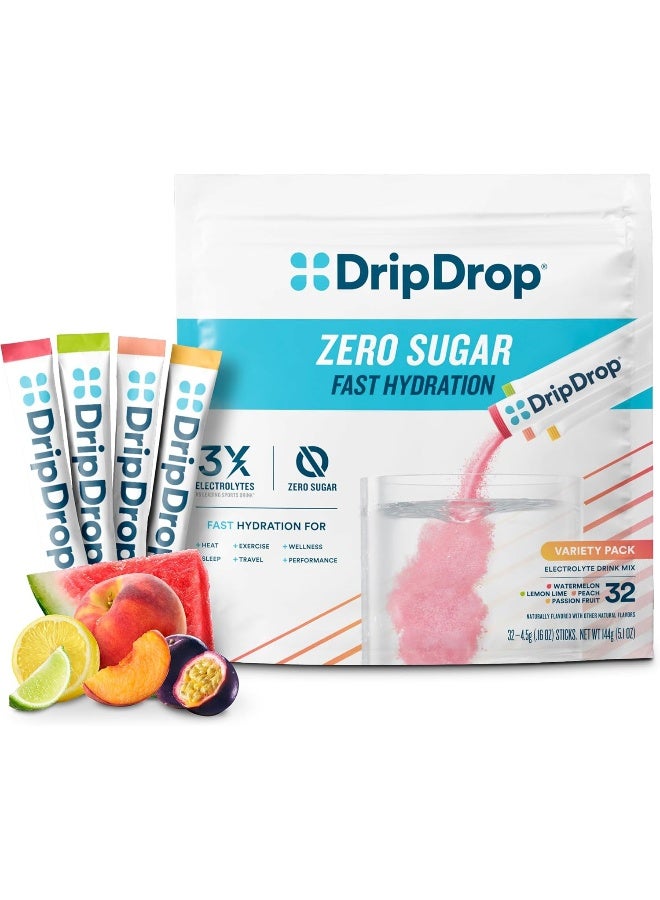 DripDrop Hydration - Zero Sugar Variety Pack - Electrolyte Drink Mix Hydration Powder Packets - Lemon Lime, Watermelon, Peach, Passion Fruit | Keto & Paleo | Non-GMO, Gluten Free, Vegan | 32 Sticks - Image 1