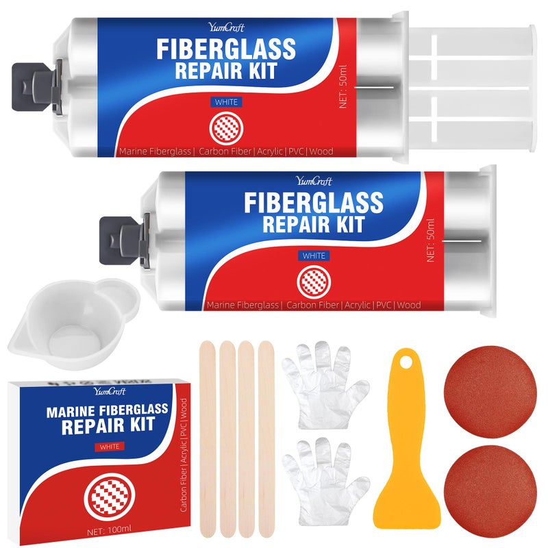 YumCraft Marine Fiberglass Boat Repair Kit 100ml Gel Coat Repair Kit for Boats Fiberglass Repair Kit for Boats Epoxy Resin Glue Filler Fix Scratch Crack Hole Pit Suitable for Porcelain AcrylicWhite - Image 2