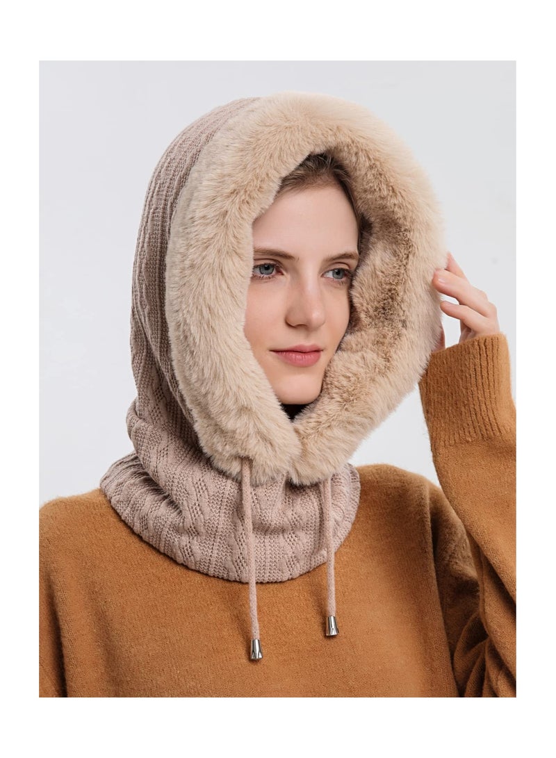 Generic Winter Hats for Women, Slouchy Beanie Scarf Mask Faux Fur Hooded Balaclava Pullover Knitted Cap Warm Winter Beanie with Scarf Thermal Winter Hat with Neck Warmer Chic Winter Scarf and Hat Set - Image 5