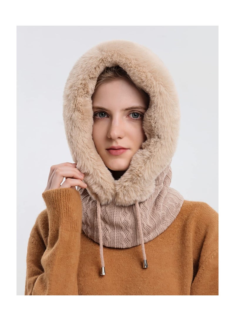 Generic Winter Hats for Women, Slouchy Beanie Scarf Mask Faux Fur Hooded Balaclava Pullover Knitted Cap Warm Winter Beanie with Scarf Thermal Winter Hat with Neck Warmer Chic Winter Scarf and Hat Set - Image 4