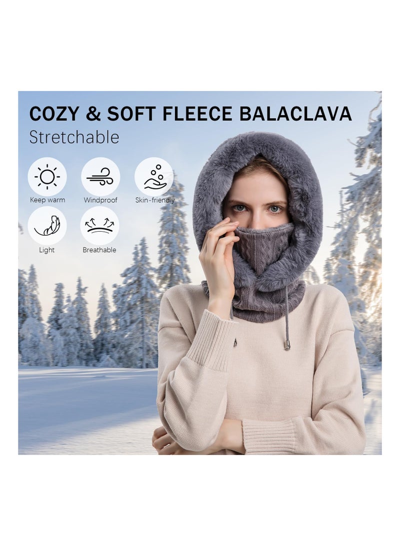 Generic Winter Hats for Women, Slouchy Beanie Scarf Mask Faux Fur Hooded Balaclava Pullover Knitted Cap Warm Winter Beanie with Scarf Thermal Winter Hat with Neck Warmer Chic Winter Scarf and Hat Set - Image 2