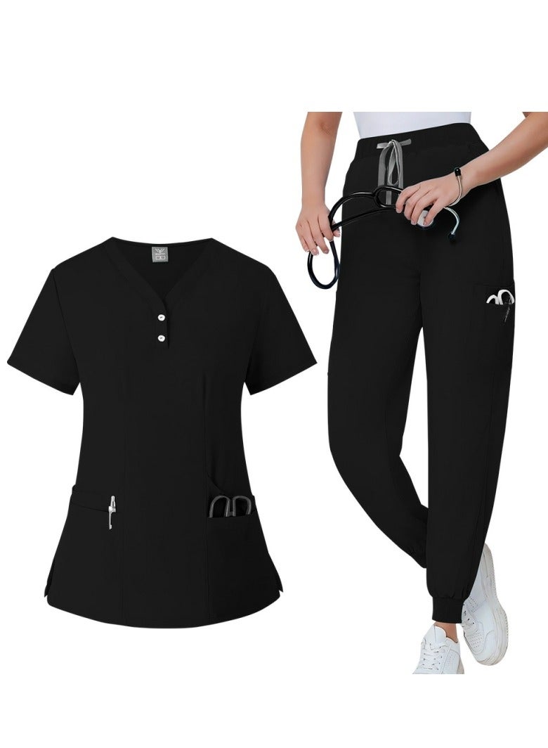 Loquat Solid Color Medical Uniform Scrubs 2 Piece Set V-Neck Top and Jogger Pants Suit Black - Image 1