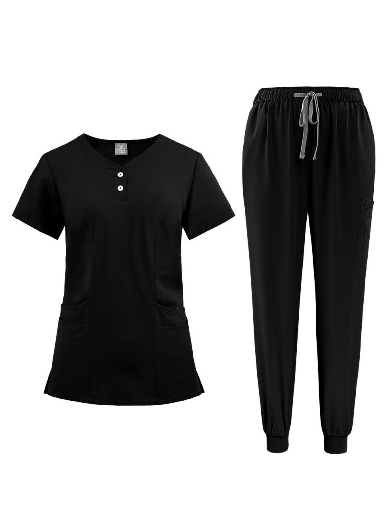 Loquat Solid Color Medical Uniform Scrubs 2 Piece Set V-Neck Top and Jogger Pants Suit Black - Image 2