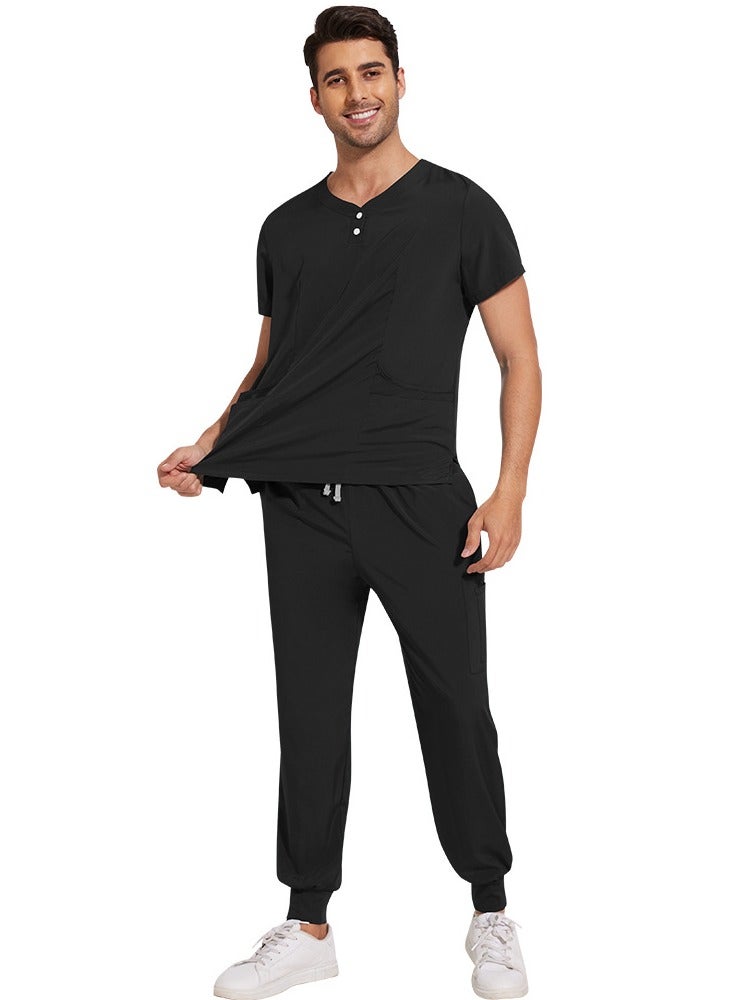 Loquat Solid Color Medical Uniform Scrubs 2 Piece Set V-Neck Top and Jogger Pants Suit Black - Image 3