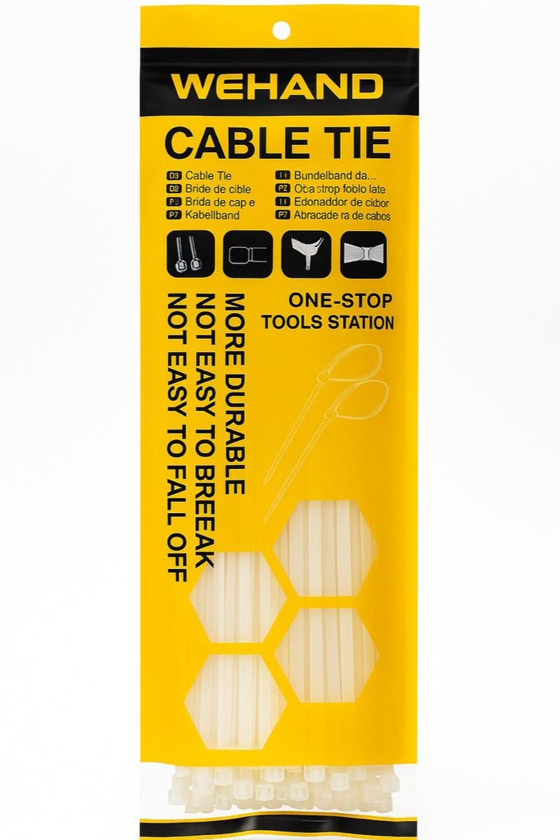 وي هاند روابط كبل نايلون متينة من WEHAND - شديدة التحمل، ذاتية القفل، بيضاء - 100 قطعة. - Image 1