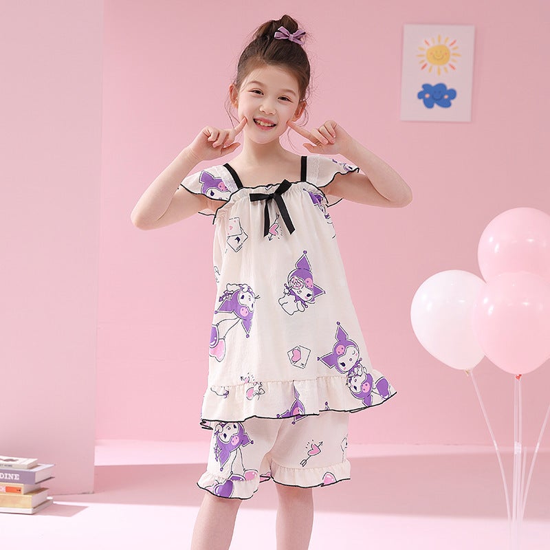 Girls' Pajamas Cloud Cotton Thin Bubble Cotton Suspender Suit Girls' Cute And Stylish Home Clothes For Middle And Large Children - Image 1