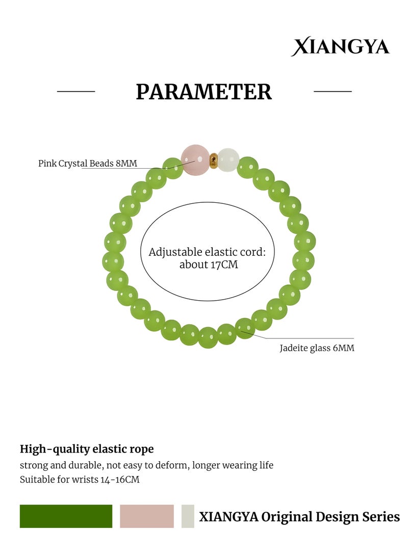 XIANGYA Green Jade Bracelet with Pink Crystal & White Glass Accents, 6MM Round Beads, Elastic Minimalist Jewelry | Spring Petals - Image 3