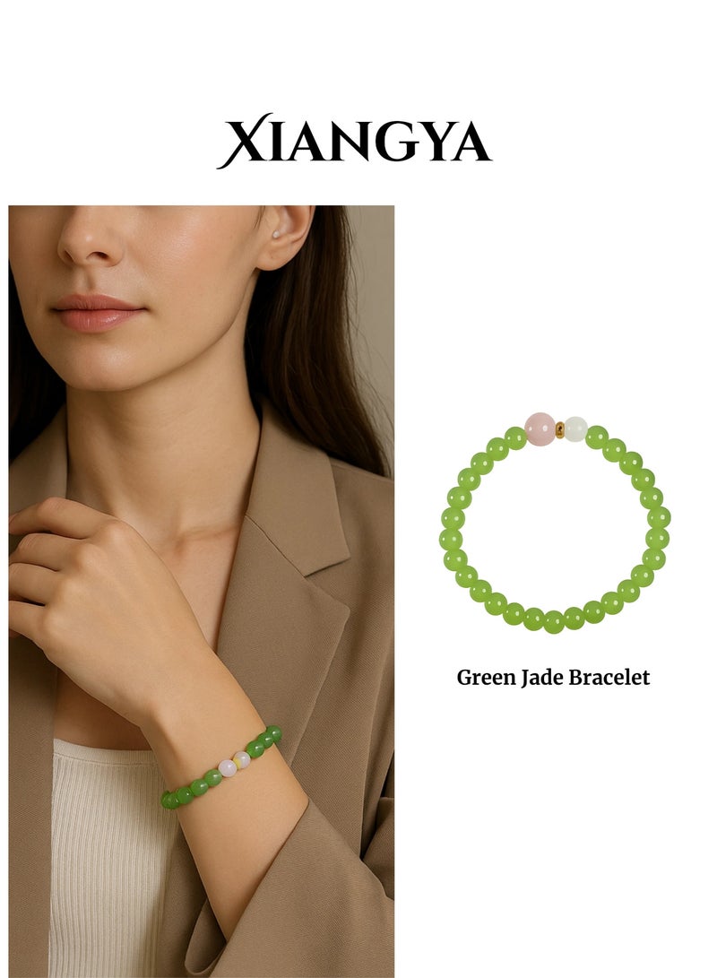 XIANGYA Green Jade Bracelet with Pink Crystal & White Glass Accents, 6MM Round Beads, Elastic Minimalist Jewelry | Spring Petals - Image 1
