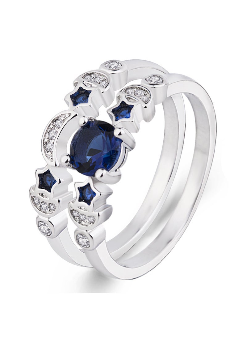 Generic - Creative Star Moon Ring Set with Blue Gems Blue diamond ring set [white gold]] - Image 1